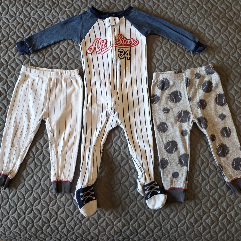 Carter's Baseball Pajama Themed Bundle, Blue And Gray, Pinstripes, 12 Mo